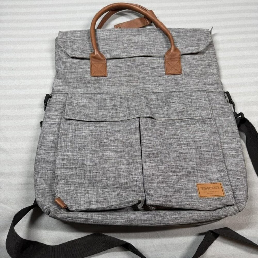 Tracker Laptop Tote Messenger Bag Gray Heather Brown Shoulder Strap Crossbody